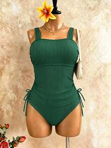 SHEIN Swim Curve 大码两件套纯色吊带泳衣套装，宽肩带上衣配抽绳下装，褶皱休闲简约成熟大码泳衣 - 綠色 - 查看 6