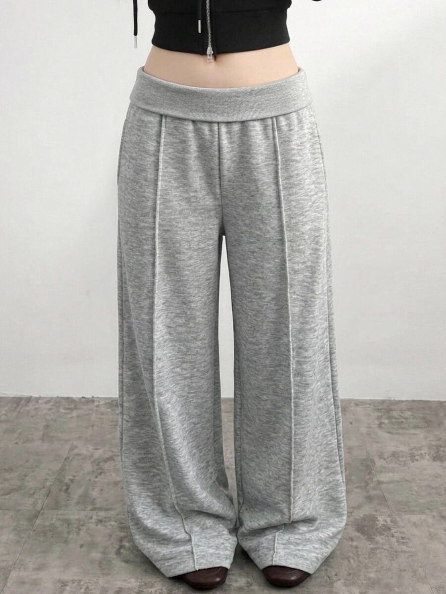 SHEIN Teen Girl Teen Girls Grey Low-Rise, Turn-Up Waistband, Versatile Casual Loose-Fitting Sweatpants, Perfect For Autumn,Sweat Pants ,Winter - Grey - View 1