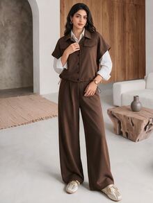 Rue Lumi Flap Detail Batwing Sleeve Shirt Wide Leg Pants Without Blouse Office Dark Brown Summer Casual - Brown - View 5