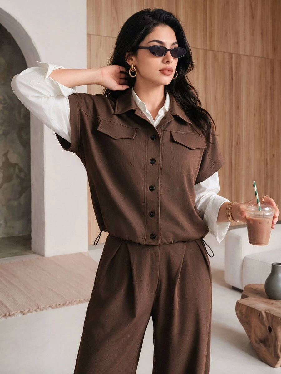 Rue Lumi Flap Detail Batwing Sleeve Shirt Wide Leg Pants Without Blouse Office Dark Brown Summer Casual