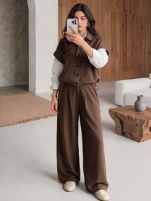 Rue Lumi Flap Detail Batwing Sleeve Shirt Wide Leg Pants Without Blouse Office Dark Brown Summer Casual - Brown - View 7