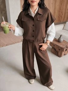 Rue Lumi Flap Detail Batwing Sleeve Shirt Wide Leg Pants Without Blouse Office Dark Brown Summer Casual - Brown - View 4