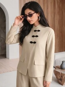 Rue Lumi Women's Solid Color Long Sleeve Jacket And Pants Casual Elegant Daily 2 Pieces Set Office Khaki Light Grey Fall - Beige - View 4
