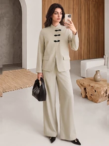Rue Lumi Women's Solid Color Long Sleeve Jacket And Pants Casual Elegant Daily 2 Pieces Set Office Khaki Light Grey Fall - Beige - View 7