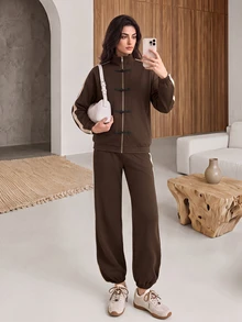 Rue Lumi Women's Colorblock Long Sleeve Top And Pants Casual Daily Workout Set Lounge Traveling Winter Clothes - Brown - View 9