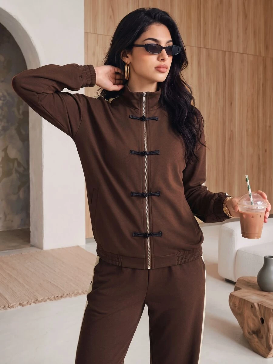 Rue Lumi Women's Colorblock Long Sleeve Top And Pants Casual Daily Workout Set Lounge Traveling Winter Clothes - Brown - View 1
