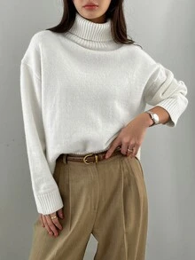 DAZY 1pc Women's Solid Color Turtle High Neck Drop Shoulder Long Sleeve Casual Sweater, Autumn/Winter,Long Sleeve Tops,Fall Women Clothes School - White - View 5