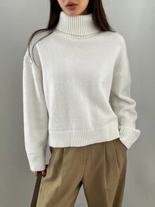 DAZY 1pc Women's Solid Color Turtle High Neck Drop Shoulder Long Sleeve Casual Sweater, Autumn/Winter,Long Sleeve Tops,Fall Women Clothes School - White - View 2