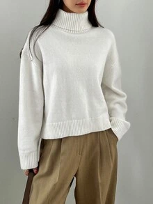 DAZY 1pc Women's Solid Color Turtle High Neck Drop Shoulder Long Sleeve Casual Sweater, Autumn/Winter,Long Sleeve Tops,Fall Women Clothes School - White - View 3