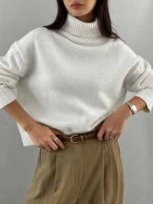 DAZY 1pc Women's Solid Color Turtle High Neck Drop Shoulder Long Sleeve Casual Sweater, Autumn/Winter,Long Sleeve Tops,Fall Women Clothes School - White - View 6