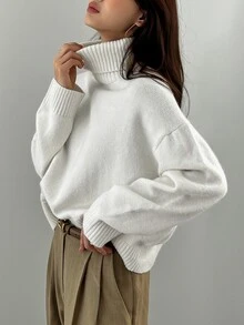 DAZY 1pc Women's Solid Color Turtle High Neck Drop Shoulder Long Sleeve Casual Sweater, Autumn/Winter,Long Sleeve Tops,Fall Women Clothes School - White - View 4