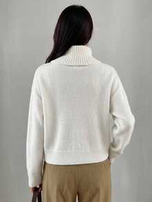 DAZY 1pc Women's Solid Color Turtle High Neck Drop Shoulder Long Sleeve Casual Sweater, Autumn/Winter,Long Sleeve Tops,Fall Women Clothes School - White - View 8