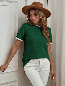 Louniche Elegant Apricot Crew Neck Lace Trim Patchwork Knit Short Sleeve Sweater, Suitable For Commute, Home, And Daily Wear, Spring/Summer - Green - View 5