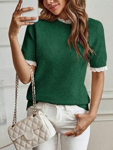 Louniche Elegant Apricot Crew Neck Lace Trim Patchwork Knit Short Sleeve Sweater, Suitable For Commute, Home, And Daily Wear, Spring/Summer - Green - View 6