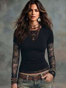 NostaNoir New Women's Fashion Casual Versatile Round Neck Contrast Color Lace Long Sleeve T-Shirt - Black - View 3