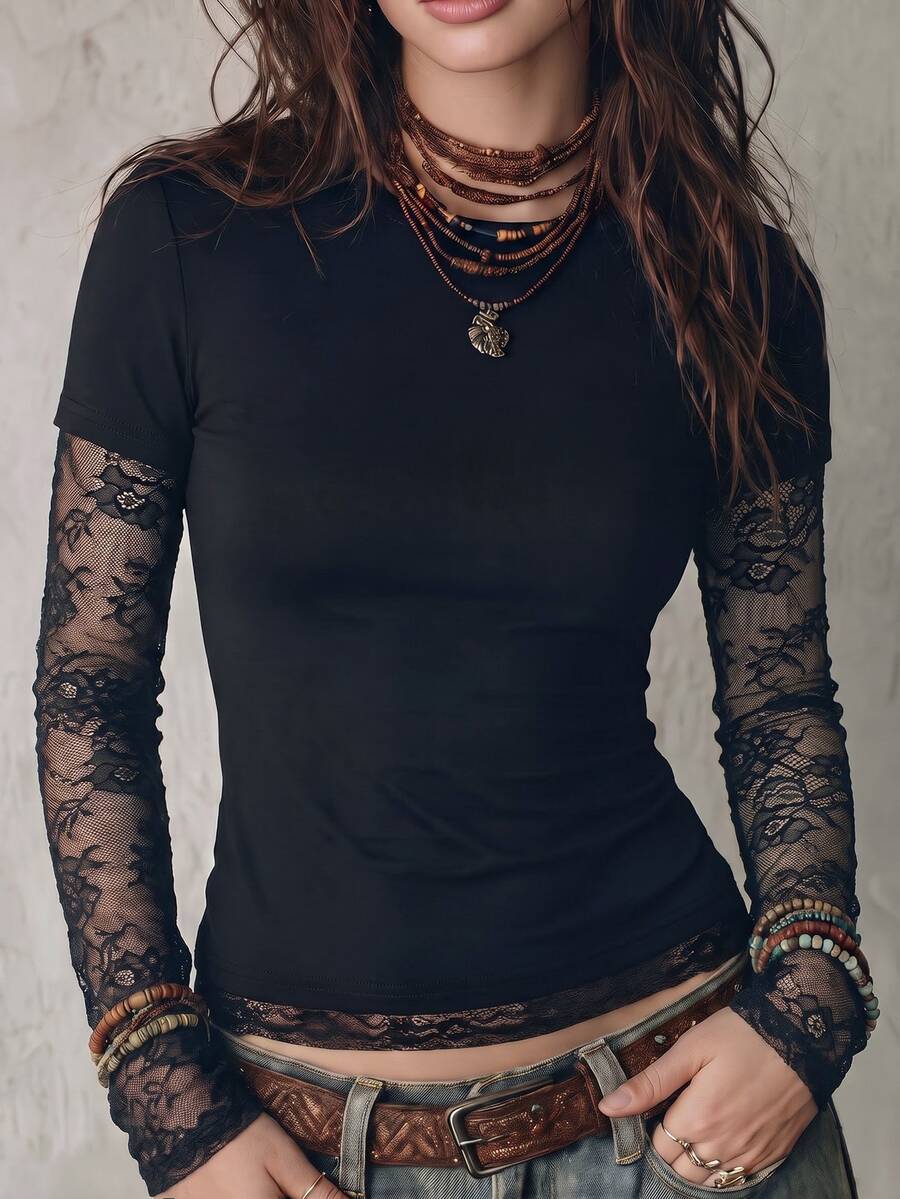 NostaNoir New Women's Fashion Casual Versatile Round Neck Contrast Color Lace Long Sleeve T-Shirt - Black - View 1