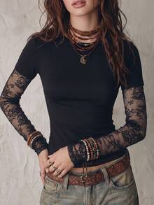NostaNoir New Women's Fashion Casual Versatile Round Neck Contrast Color Lace Long Sleeve T-Shirt - Black - View 5