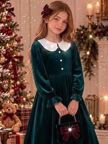 SHEIN Tween Girl Autumn/Winter Simple Thermal Lined Thick Party Holiday Casual Gathering Dress - Black - View 5