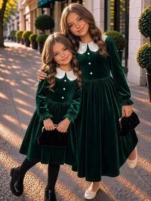 SHEIN Tween Girl Autumn/Winter Simple Thermal Lined Thick Party Holiday Casual Gathering Dress - Black - View 6