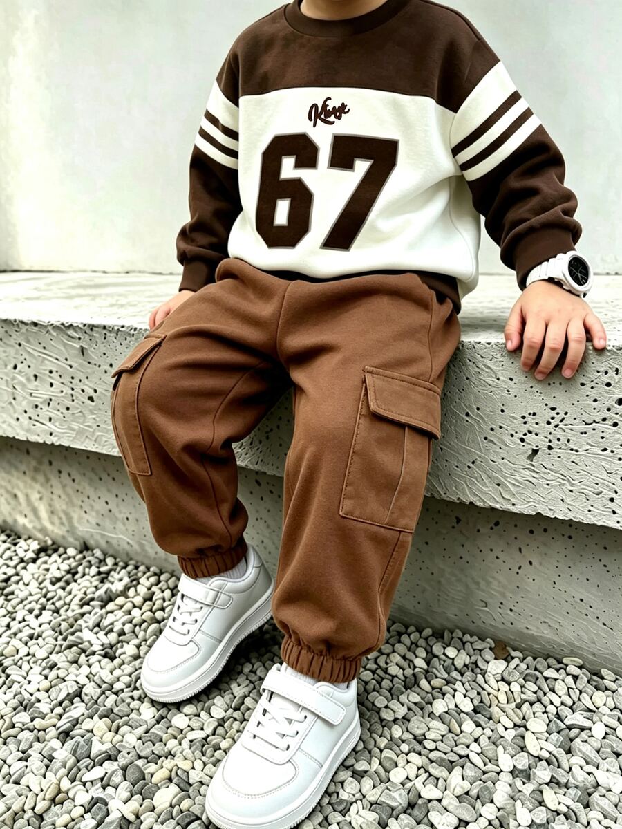 2pcs/Set Young Boy Minimalist Crew Neck Sweatshirt Cargo Pants Set Number 67 Letter Print Design Holiday Fall Back To School Party - Multicolor - View 1