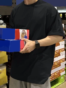 DAZY 男士純棉下垂肩簡約T恤 - 黑色 - 查看 3