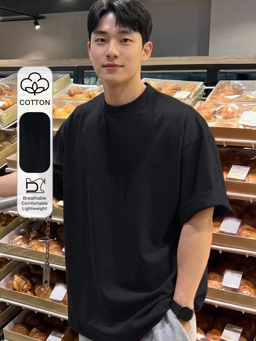 DAZY 男士純棉下垂肩簡約T恤 - 黑色 - 查看 1
