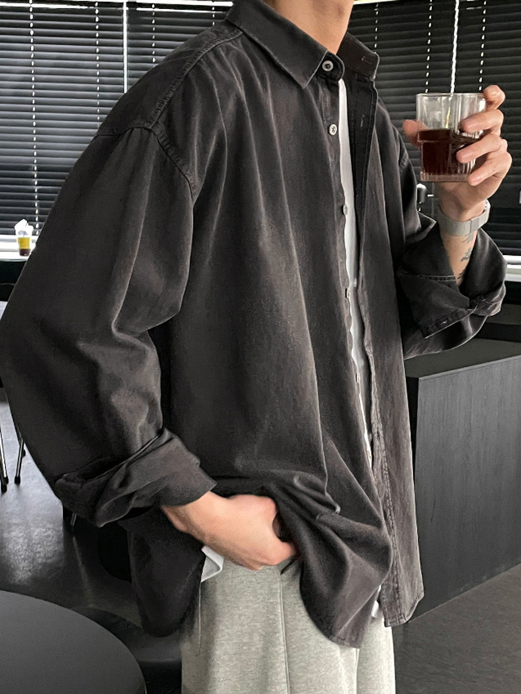 DAZY Men's Solid Color Long Sleeve Casual Single Breasted Shirt, Autumn, For Fall - Dark Grey - View 5