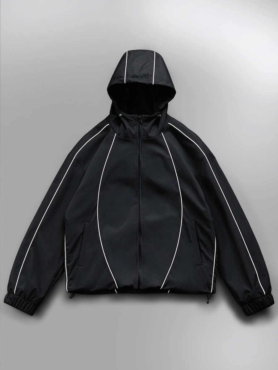 PAVTROS Men's Casual Goth Zip-Up Drawstring Hooded Jacket, Short Streetwear Tech Windbreaker, Loose Fit Outerwear, Autumn/Winter - Black - View 1