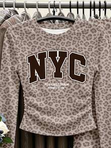 Tween Girls 2 Pcs Taupe Leopard Print Long Sleeve T-Shirt & Wide Leg Pants Set, Casual Daily Wear, Winter Outfits - Multicolor - View 5