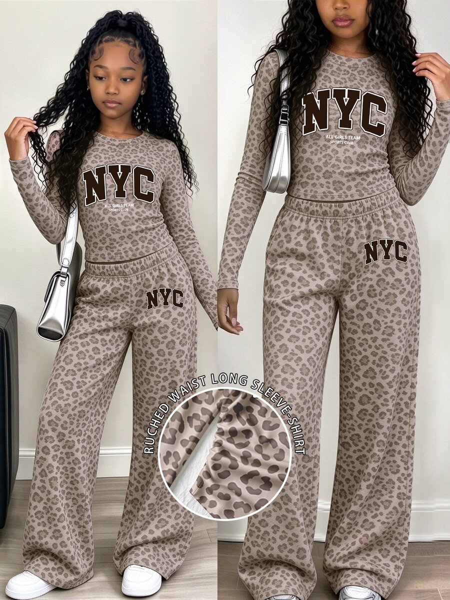 Tween Girls 2 Pcs Taupe Leopard Print Long Sleeve T-Shirt & Wide Leg Pants Set, Casual Daily Wear, Winter Outfits - Multicolor - View 1