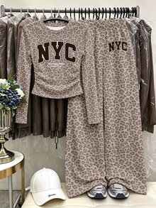 Tween Girls 2 Pcs Taupe Leopard Print Long Sleeve T-Shirt & Wide Leg Pants Set, Casual Daily Wear, Winter Outfits - Multicolor - View 4