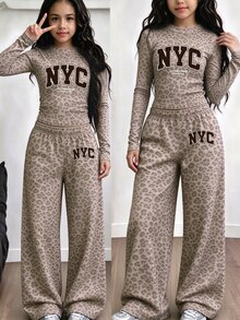 Tween Girls 2 Pcs Taupe Leopard Print Long Sleeve T-Shirt & Wide Leg Pants Set, Casual Daily Wear, Winter Outfits - Multicolor - View 3