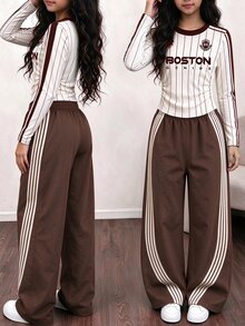 Tween Girls 2 Pcs Pinstripe Letter Print Ruched Waist Patchwork Long Sleeve T-Shirt & Wide Leg Pants Set, Casual Daily Wear, White Top, Winter Outfits - Multicolor - View 3
