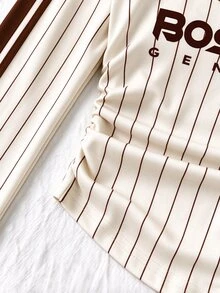 Tween Girls 2 Pcs Pinstripe Letter Print Ruched Waist Patchwork Long Sleeve T-Shirt & Wide Leg Pants Set, Casual Daily Wear, White Top, Winter Outfits - Multicolor - View 7