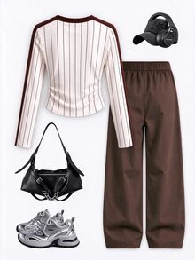 Tween Girls 2 Pcs Pinstripe Letter Print Ruched Waist Patchwork Long Sleeve T-Shirt & Wide Leg Pants Set, Casual Daily Wear, White Top, Winter Outfits - Multicolor - View 2