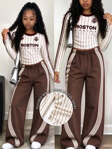 Tween Girls 2 Pcs Pinstripe Letter Print Ruched Waist Patchwork Long Sleeve T-Shirt & Wide Leg Pants Set, Casual Daily Wear, White Top, Winter Outfits - Multicolor - View 1