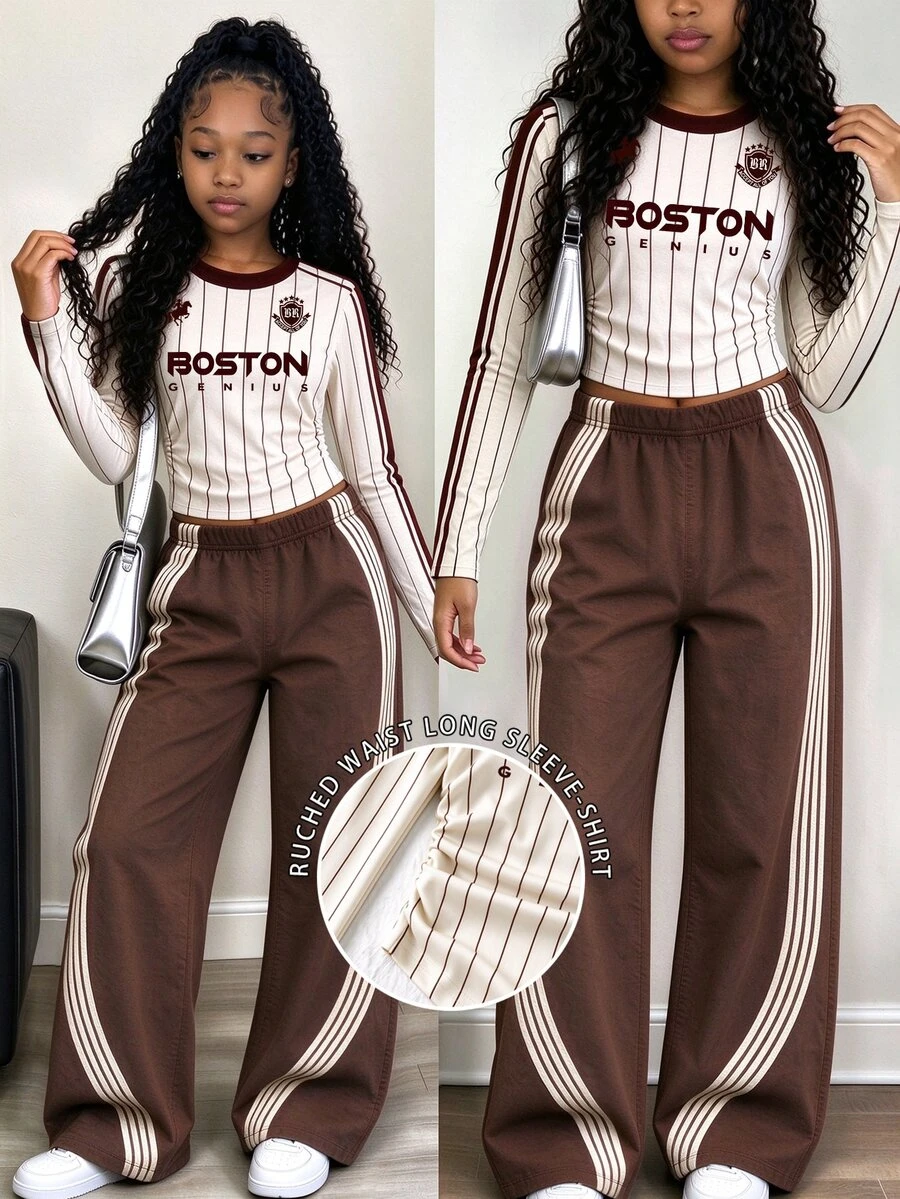 Tween Girls 2 Pcs Pinstripe Letter Print Ruched Waist Patchwork Long Sleeve T-Shirt & Wide Leg Pants Set, Casual Daily Wear, White Top, Winter Outfits - Multicolor - View 1