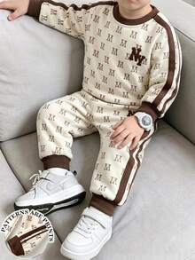 Little Boy All-Over Letter Print Crew Neck Sweatshirt Jogger Pants 2pcs Set With Side Webbing, Fall Children Casual Sports Outfit White Birthday - Multicolor - View 4