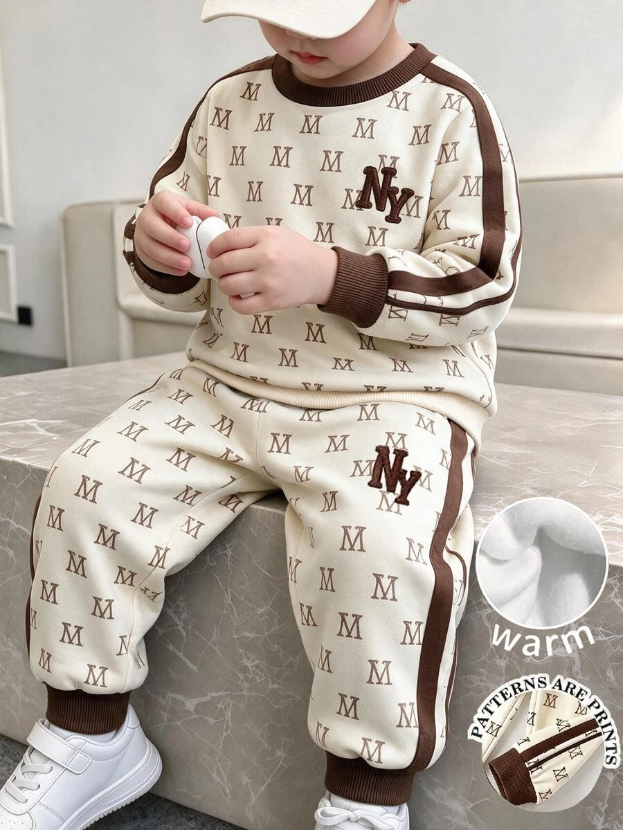 Little Boy All-Over Letter Print Crew Neck Sweatshirt Jogger Pants 2pcs Set With Side Webbing, Fall Children Casual Sports Outfit White Birthday - Multicolor - View 1