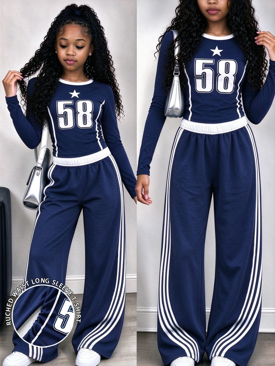 Tween Girls 2 Pcs Navy Star Number Print Ruched Waist Long Sleeve T-Shirt & Wide Leg Pants Set, Casual Daily Wear, Winter Outfits - Multicolor - View 1