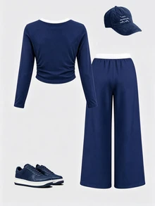 Tween Girls 2 Pcs Navy Star Number Print Ruched Waist Long Sleeve T-Shirt & Wide Leg Pants Set, Casual Daily Wear, Winter Outfits - Multicolor - View 2