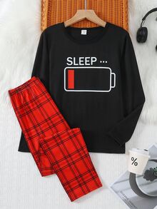 SHEIN 2件組男童可愛SLEEP印花休閒睡衣套裝，柔軟針織長袖上衣搭配寬鬆黑白紅格紋長褲，秋冬睡眠裝備 - 彩色 - 查看 5