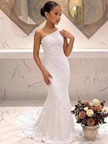 Tween Girl Party & Tween Girl Kids Casual Autumn/Winter Asymmetrical Shoulder Minimalist Lace Maxi Dress, Suitable For All Seasons - White - View 3