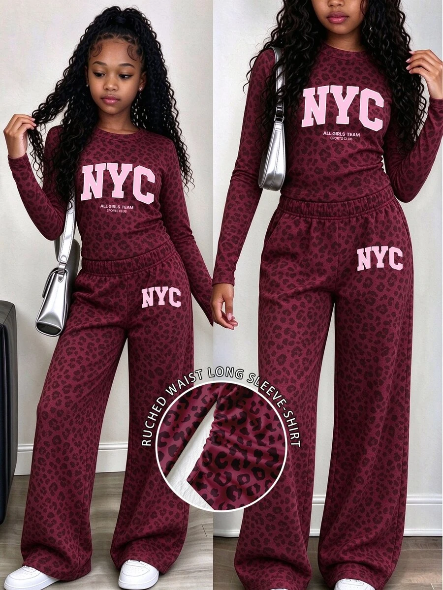 Tween Girls 2 Pcs Burgundy Leopard Print Long Sleeve T-Shirt & Wide Leg Pants Set, Casual Daily Wear, Red Top, Winter Outfits - Multicolor - View 1
