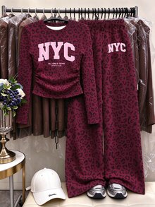 Tween Girls 2 Pcs Burgundy Leopard Print Long Sleeve T-Shirt & Wide Leg Pants Set, Casual Daily Wear, Red Top, Winter Outfits - Multicolor - View 4