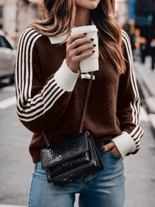 Elouméa 新中式休閒針織女款毛衣，復古寬鬆翻領盤扣半開襟套頭衫，棕色秋季拼色，適合早午餐穿搭 - 咖啡棕 - 查看 6