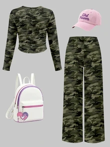 Tween Girls 2 Pcs Olive Green Camo Print Ruched Waist Long Sleeve T-Shirt & Wide Leg Pants Set, Casual Daily Wear, Winter Outfits - Multicolor - View 2