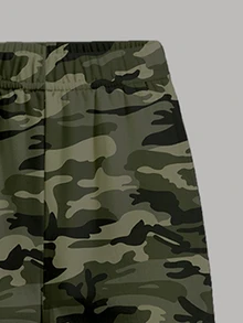 Tween Girls 2 Pcs Olive Green Camo Print Ruched Waist Long Sleeve T-Shirt & Wide Leg Pants Set, Casual Daily Wear, Winter Outfits - Multicolor - View 6