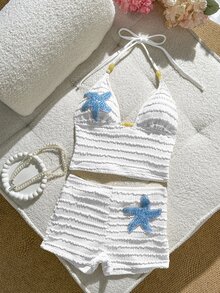 SHEIN Swim 2026 女款夏季海灘度假泳池派對兩件式比基尼套裝，特殊藍白紋理面料，細肩帶串珠熱帶風 - 白色 - 查看 4
