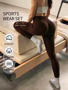 Eassivo Eassivo Solid Color Minimalist Seamless Yoga Leggings For Sports And Fitness - Brown - View 1